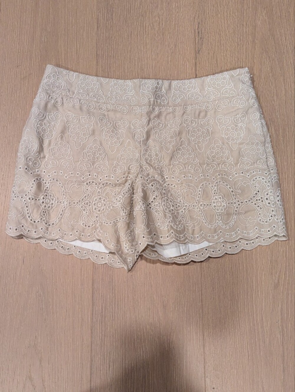 Embroidered Scallop Hem Beige Eyelet Shorts - Elevenses